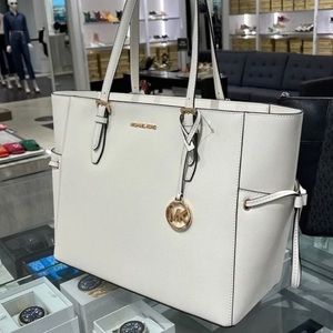 Michael Kors Gilly Large Drawstring Travel Leather Top Zip Tote  Optic White